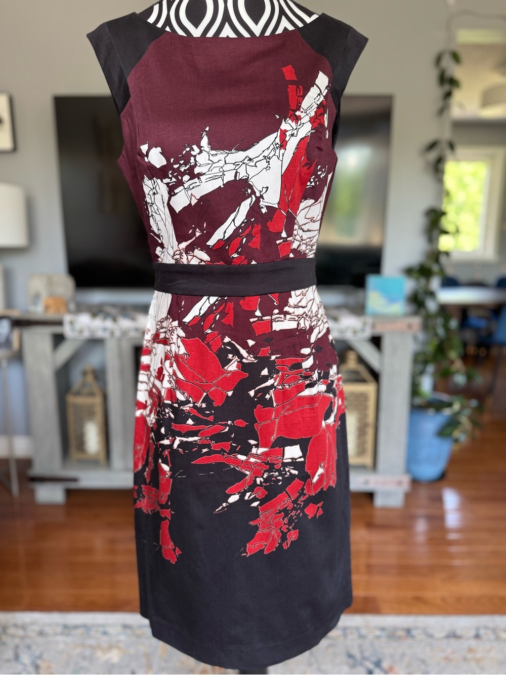 French Connection Burgundy, Red & Black Abstract Midi Sheath Dress